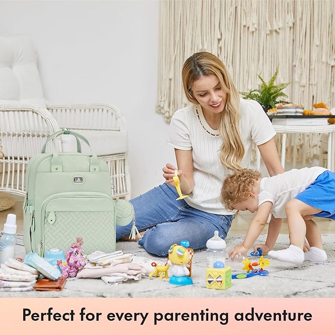 Dikaslon Diaper Bag Backpack with Portable Changing Pad, Pacifier Case and Stroller Straps, Large Unisex Baby Bags for Boys Girls, Multipurpose Travel Back Pack for Moms Dads, Mint Green-CubbioJoy