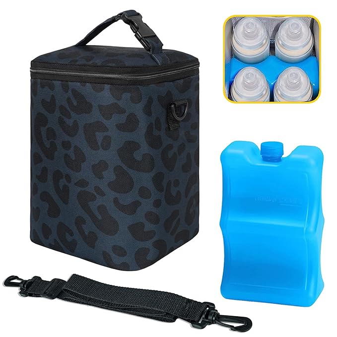 Breastmilk Cooler Bag with Ice Pack Fits 4 Bottles Up To 9 Ounce Insulated Breast Milk Cooler on the Go with Strap Baby Bottle Cooler Bag for Nursing Mom Daycare or Travel-CubbioJoy