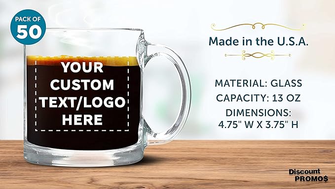 Custom Libbey Clear Glass Coffee Mugs 13 oz. Set of 50, Personalized Bulk Pack - Perfect for Coffee, Tea, Espresso, Hot Cocoa, Other Beverages - Clear Bottom-CubbioJoy