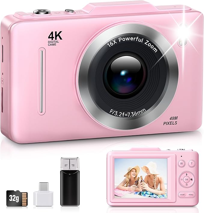Digital Camera, FHD 1080P Kids Camera Digital with 16x Zoom Anti Shake, 32GB Card, 4K 48MP Portable Compact Point and Shoot Cameras, Vintage Small Camera for Teens Beginner Kids Present-CubbioJoy