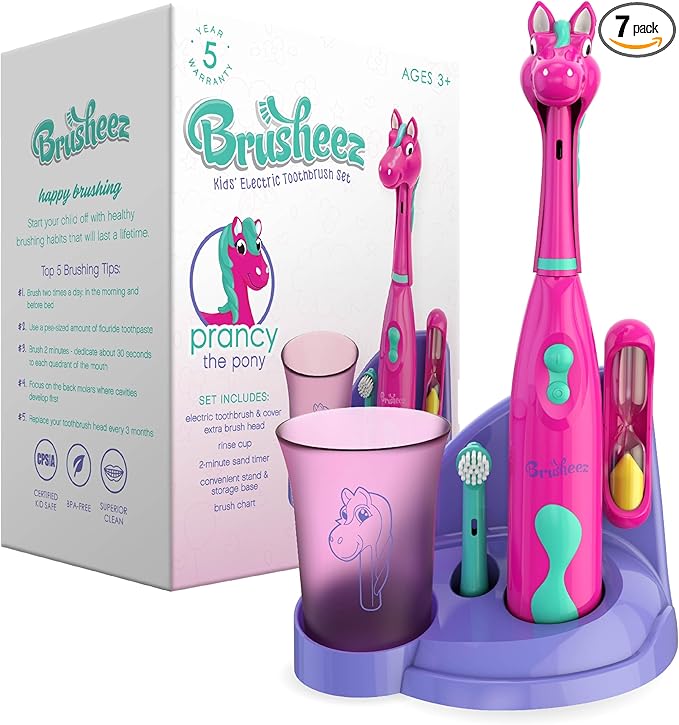 Brusheez Kids’ Electric Toothbrush Set - Safe & Effective for Ages 3+ - Parent Tested & Approved with Gentle Bristles, 2 Brush Heads, Rinse Cup, 2-Minute Timer, & Storage Base (Prancy The Pony)-CubbioJoy