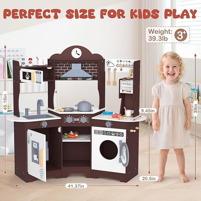 ANPABO Play Kitchen for Kids, Wooden Kitchen Playset w/Real Lights & Sounds, Coffee & Ice Maker, Microwave, Stove, 30Pcs Accessories Include Play Food, Pretend Play Set for Boys & Girls, Espresso-CubbioJoy