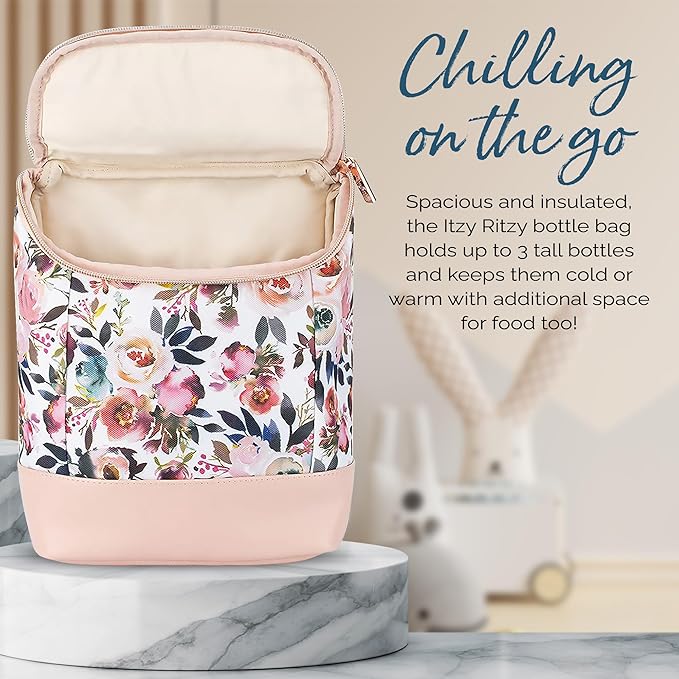 Itzy Ritzy Insulated Bottle Bag – Keeps Bottles Warm or Cool - Holds 3 Bottles & Features Interior Pocket for Ice Pack (Not Included), Blush Floral-CubbioJoy