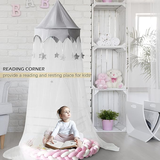 Canopy for Kids Bed with Stars, Crib Canopy with Dome, Elegant Net Hanging Fairy Girl Bed Canopy Princess Room Decoration Reading Nook Corner Curtain Fits Full Crib, Twin, Queen Play Castle Tent-CubbioJoy