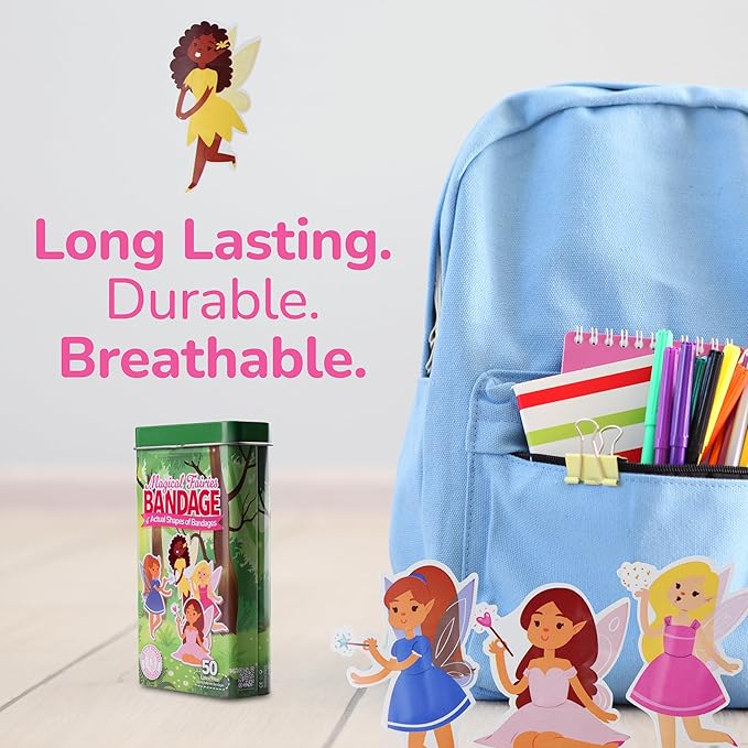 BioSwiss Bandages, Magical Fairies Shaped Self Adhesive Bandage, Latex Free Sterile Wound Care, Fun First Aid Kit Supplies for Kids and Adults, 50 Count-CubbioJoy