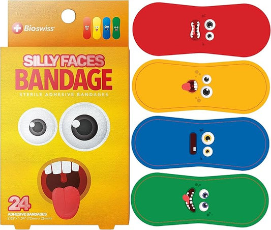 BioSwiss Bandages, Silly Faces Self Adhesive Bandage, Googly Eyes Latex Free Sterile Wound Care, Standard Shape for Kids and Adults, 24 Count-CubbioJoy