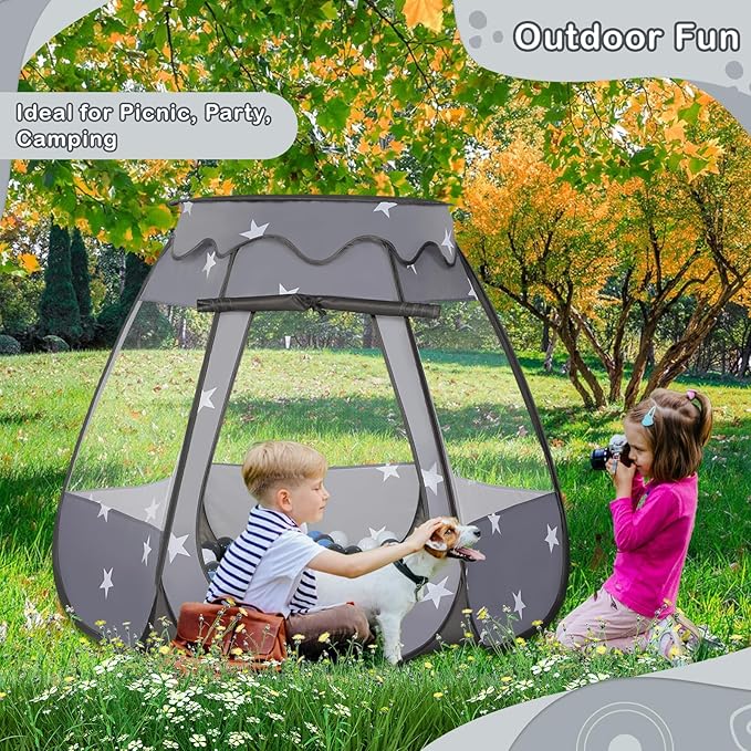 Baby Ball Pit for Toddler with 50 Balls, Kids Pop Up Play Tent for Girls, Princess Toys Gifts for Children Indoor & Outdoor Playhouse (Black: Gray/White/Babyblue, 109x90cm/50 Balls)-CubbioJoy