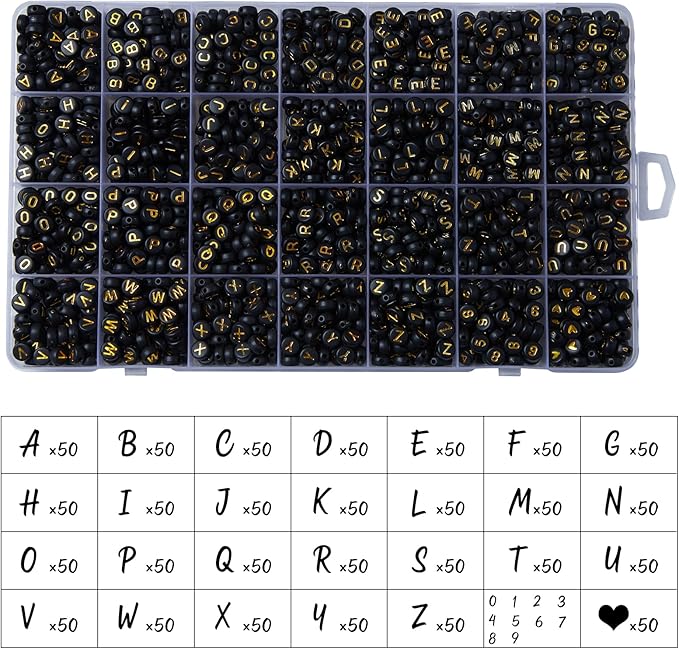 1400pcs Letter Beads, 4x7 mm Acrylic Alphabet Beads, Beads for Jewelry and Bracelet Making, in 28 Grid Box (Black and Gold)-CubbioJoy