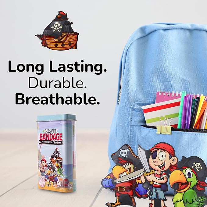 BioSwiss Bandages, Pirate Shaped Self Adhesive Bandage, Latex Free Sterile Wound Care, Fun First Aid Kit Supplies for Kids and Adults, 50 Count-CubbioJoy