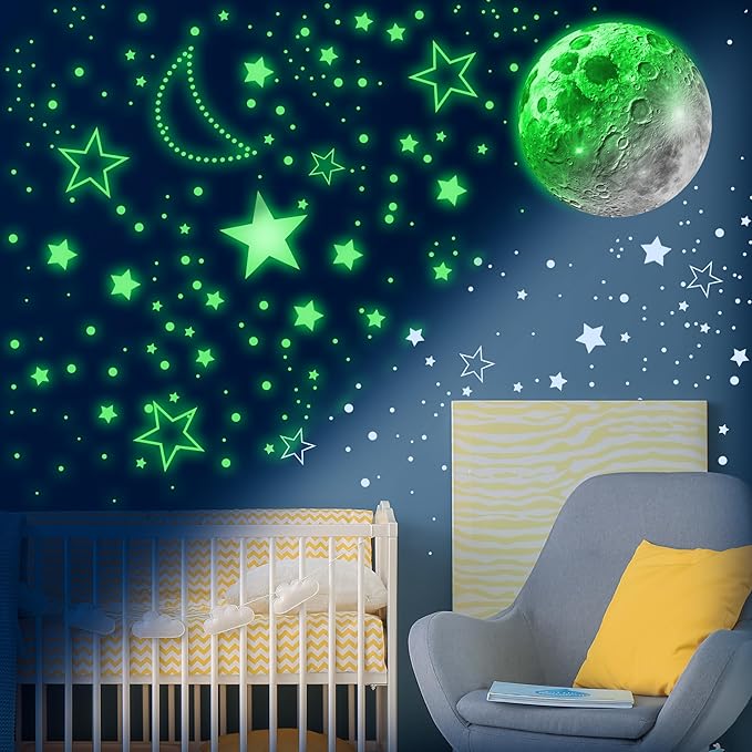 965 PCS Glow in The Dark Stars and Moon for Ceiling, Luminous Stars and Planet Wall Decals, Kids Room Decor, Glowing Galaxy Wall Stickers for Nursery Decorations (Green)-CubbioJoy