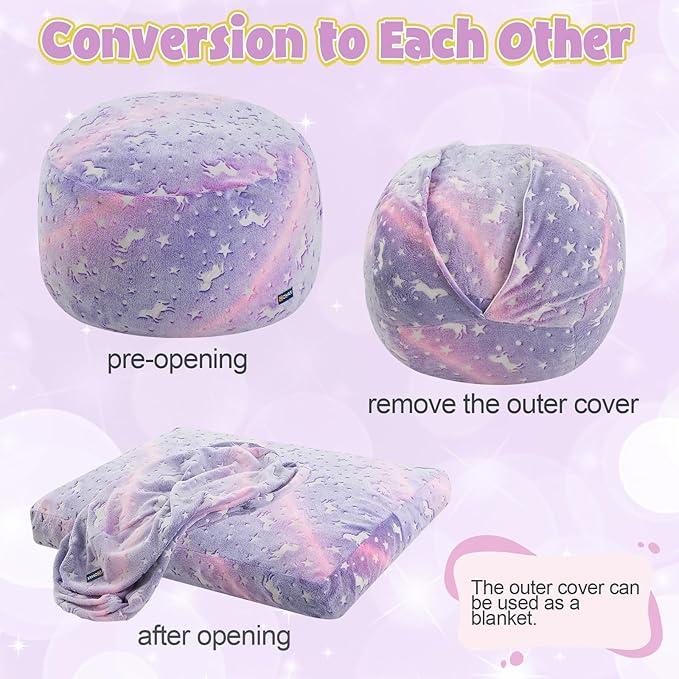 COMAX Kids Bean Bag Chair Turn into Beanbag Bed, Toddler Bean Chair for Girl Boy Sleeping, Lazy Children Bean Bags with Filler, Convertible Child Floor Mattress, Purple Unicorn-CubbioJoy