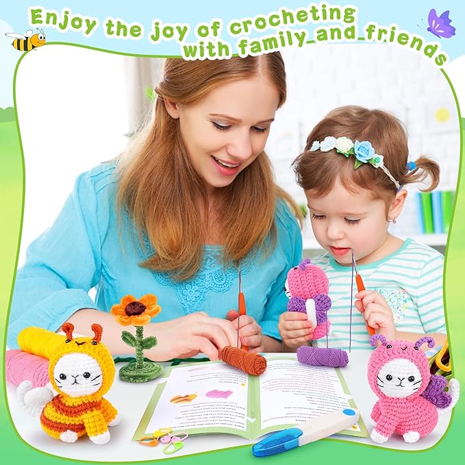 Crochet Kit for Beginners, 2PCS Cats Dressed as Bee and Butterfly Crochet Kits with Step-by-Step Video Tutorials, Beginner Crochet Kits for Kids and Adults, Animal Crocheting Kit for Starters-CubbioJoy