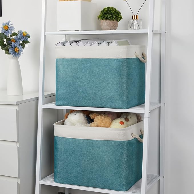 Bidtakay Foldable Storage Bins Set of 2 Tall Cloth Baskets 16" X 11.8" X 11.8" Decorative Organizers for Linen Closet (White & Teal)-CubbioJoy