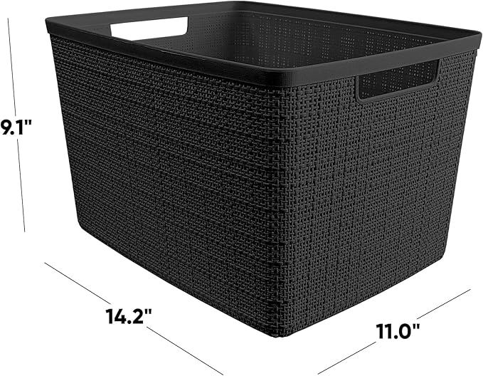 Curver Jute Large Decorative Plastic Organization and Storage Baskets, Perfect Bins for Home Office, Closet Shelves, Kitchen Pantry and All Bedroom Essentials, Pack of 4, Black-CubbioJoy
