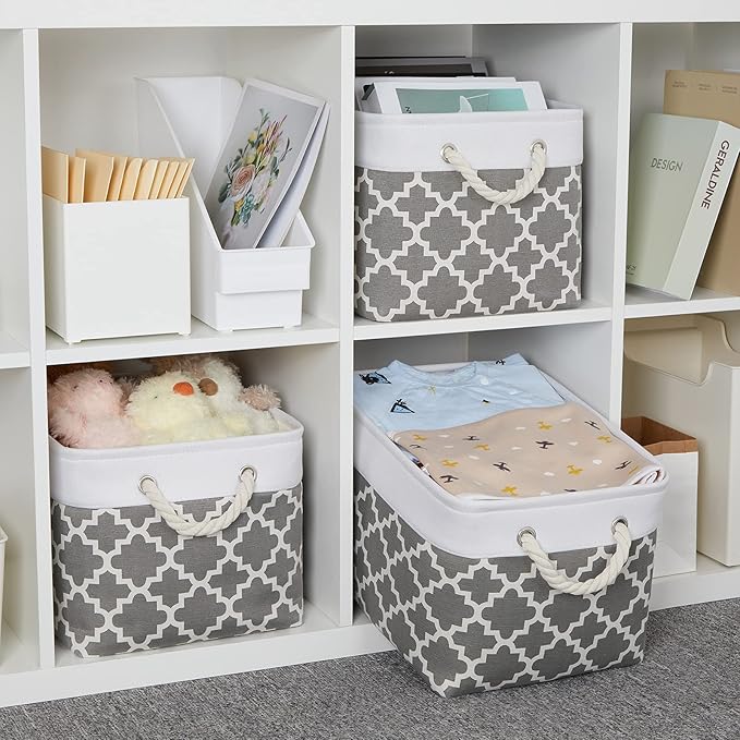Bidtakay Basket Storage Bins Baskets for Organizing Set of 3 Collapsible Cloth Storage Linen Closet Organizer 15 X 11 X 9.5 Inches Large Foldable Baskets for Shelves (White&Quatrefoil Grey)-CubbioJoy