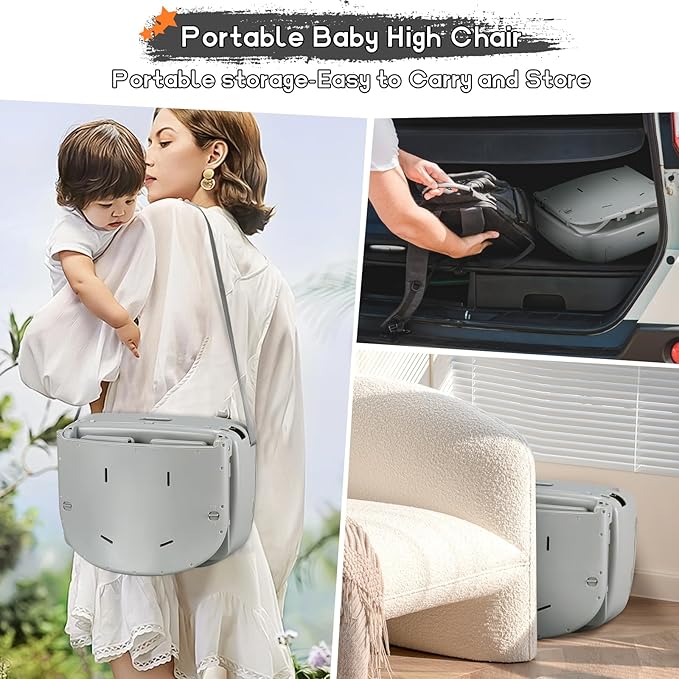 4 in 1 Portable Baby High Chair,Convertible Highchair for Babies & Toddlers-Foldable Infant Booster Seat,Carry Small Box,Dining Chair,Toddler High Chair with 5-Point Harness,Removable Tray-Grey-CubbioJoy