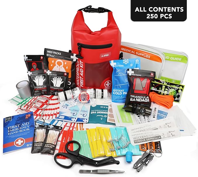 250 PCS Waterproof First Aid Kit, Roll Top Reflective Boat Dry Bag Bug Out Bags, Emergency Medical Kit Ideal for Boating, Camping, Fishing, Kayaking, Floating, Red-CubbioJoy