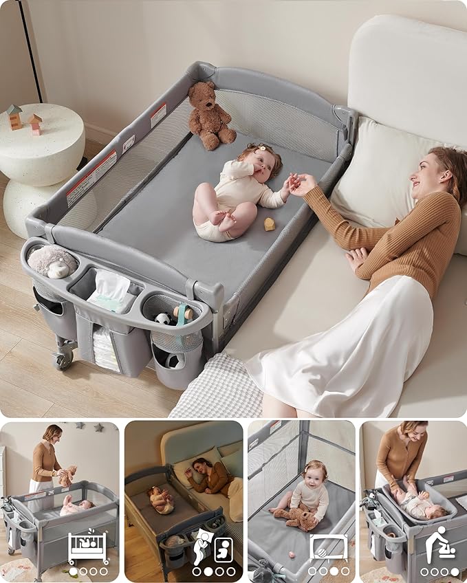 AirClub 4 in 1 Baby Bassinet Bedside Sleeper, 4 Functions Crib, Playard, Portable Changing Table, Bassinet for Newborn Baby, Bedsaide Bed w/Wheels&Brakes-CubbioJoy