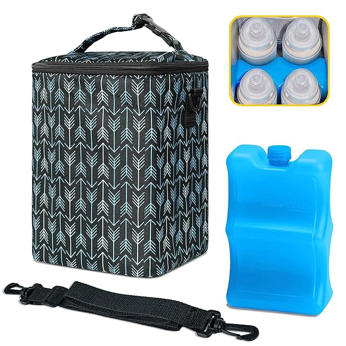 Breastmilk Cooler Bag with Ice Pack Fits 4 Baby Bottles Up to 9 Ounce Insulated Baby Bottle Bag Breast Milk Cooler on The Go with Strap Baby Bottle Cooler Bag for Nursing Mom Daycare or Travel-CubbioJoy