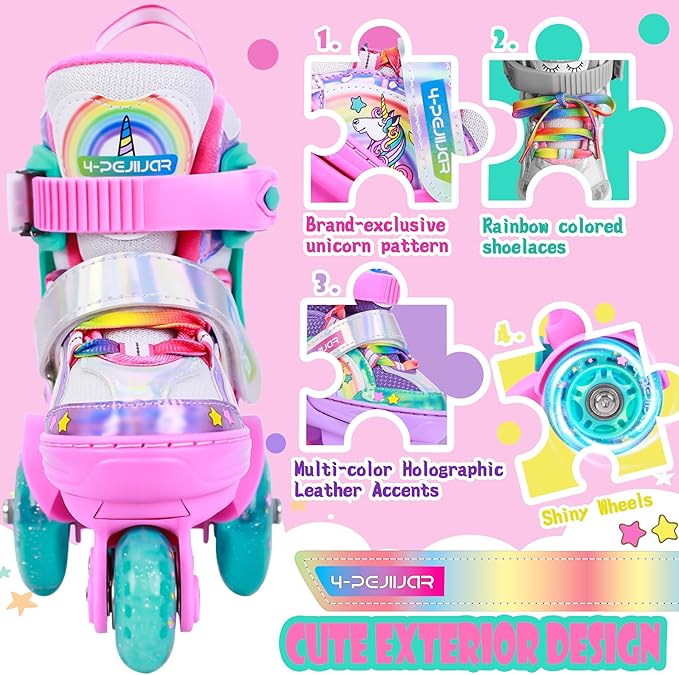 4-Pejiijar Rainbow Unicorn Kids Roller Skates for Girls Toddler Ages 2-4 5-8 8-12,Adjustable Roller Shoes with Luminous Wheels for Birthday Xmas Gifts-CubbioJoy