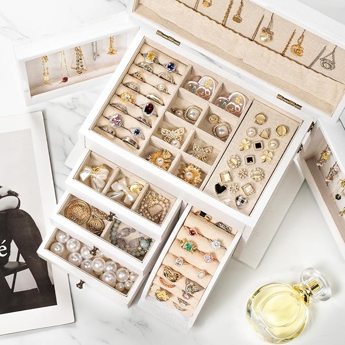 Jewelry Box Organizer, Solid Wood Jewelry Boxes for Women for Storage & Display Necklace Ring Earring Bracelet, Rustic Style Jewelry Organizer Box for Women Gifts (Weathered White)-CubbioJoy