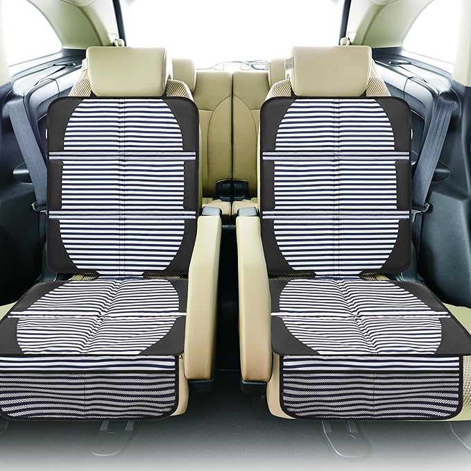 Car Seat Protector for Child Car Seat, 2 Pack Baby Car Seat Covers with Mesh Pockets & Non-Slip Backing 600D Durable Seat Protector Under Baby Car Seat for Car Back Seat (Stripe, Large)-CubbioJoy