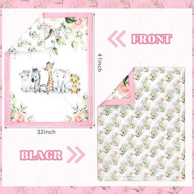 3 Pcs Baby Crib Bedding Set Safari Animals Dinosaurs Bear Woodland Animals Jungle Crib Set Includes Quilt, Fitted Sheet, Skirt for Baby Boy Girl(Pink,Safari)-CubbioJoy