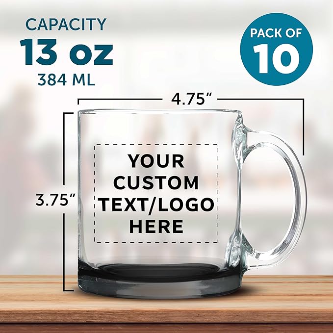 Custom Libbey Clear Glass Coffee Mugs 13 oz. Set of 10, Personalized Bulk Pack - Perfect for Coffee, Tea, Espresso, Hot Cocoa, Other Beverages - Black Bottom-CubbioJoy