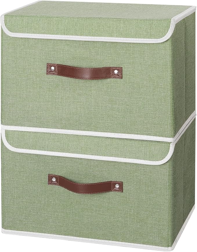 ANMINY 4PCS Storage Bins with Lid PU Leather Handles Storage Boxes PP Plastic Board Decorative Foldable Lidded Cotton Linen Fabric Home Cubes Baskets Closet Organizer Containers - Green, Large Size-CubbioJoy