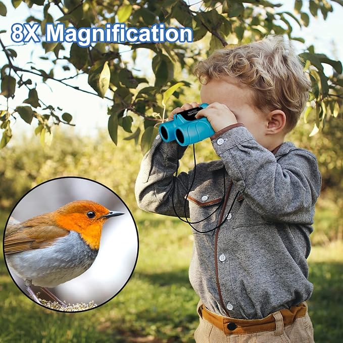 Binoculars for Kids 8x21, Gift for 3-12 Years Boys & Girls, Compact Kids Binoculars High-Resolution Shockproof Mini Binoculars for Bird Watching, Hiking, Camping, Travel Blue 302-CubbioJoy