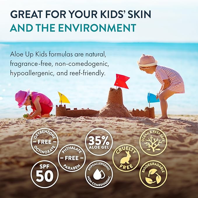 Aloe Up Kids Continuous Sport Sunscreen Spray SPF 50 - Broad Spectrum Sheer Face and Body Sunscreen Protector for Sensitive Skin - With Aloe Vera Gel - Dries Fast - Reef Safe - Fragrance-Free - 5.5 Oz-CubbioJoy