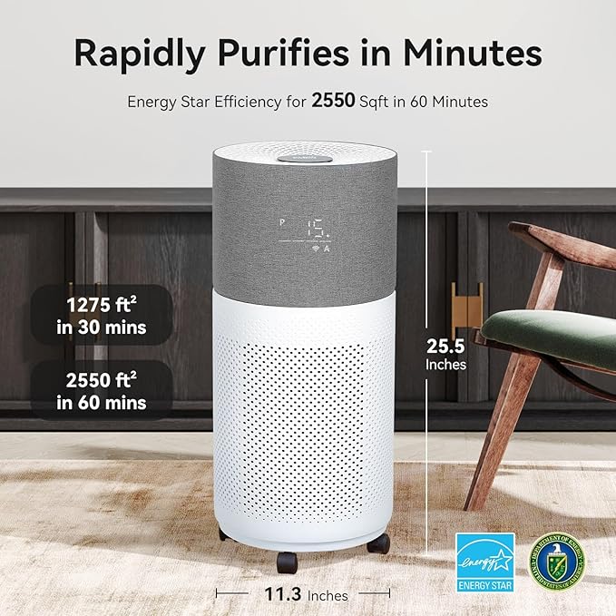 CleanForce Air Purifier for Large Rooms Up to 2550 ft², H13 HEPA Air Cleaner with Sleep Mode, Ideal for Home and Offices, Alexa Compatible, Removes Dust, Allergens, and Odors, Gray, New Edition-CubbioJoy