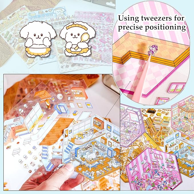 DIY 3D Sticker Scene, 6 Sets of Cute Miniature Isometric Stickers for Kids Adult Therapy Scenes Sticker Reuseable and Waterproof Stickers for Girl-CubbioJoy