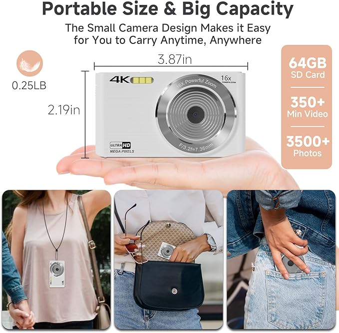 Digital Camera, 44MP 4K Auto Focus Point and Shoot Kids Video Camera with 64GB SD Card 2 Batteries 16X Digital Zoom Compact Portable Small Camera Gifts for Teens Kids Boys Girls(White)-CubbioJoy