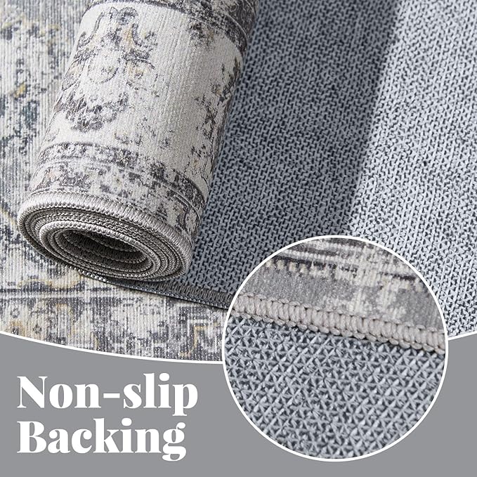 jinchan Runner Rug 2x6 Machine Washable Hallway Rug Grey Vintage Floral Print Non-Slip Low Pile Ultra-Thin for Kitchen,Entryway,Laundry Room,Bedroom,Farmhouse (2‘x6’,Grey)-CubbioJoy