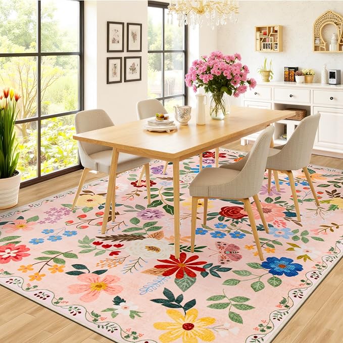 8x10 Area Rugs for Living Room: Floral Washable Rug Vintage Large Soft Boho Non-Slip Carpet Indoor Floor Stain Resistant Carpets for Bedroom Dining Room Farmhouse Nursery Home Office Beige-CubbioJoy