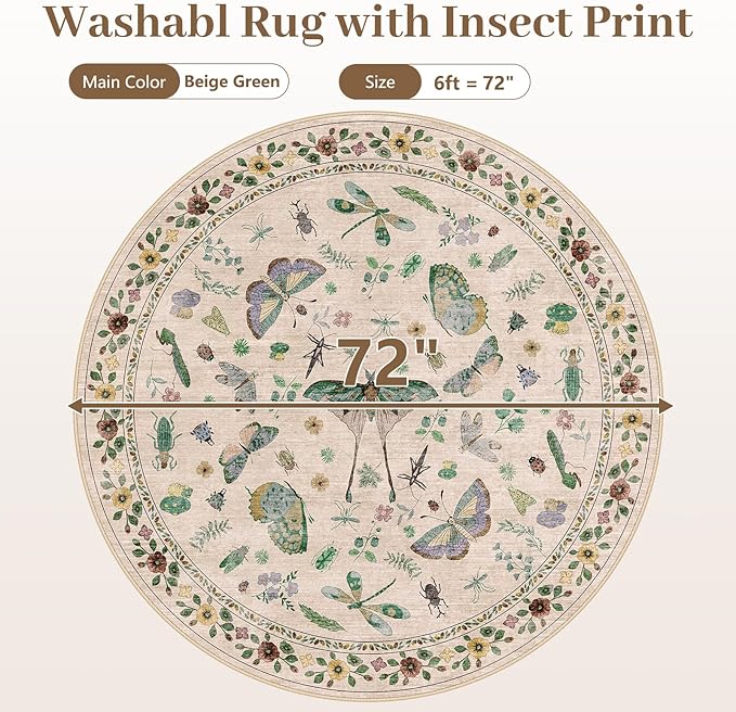 6ft Washable Round Rug - Bug Rugs for Living Room Non-Slip Low Pile Soft Ultra-Thin Machine Washable Circle Carpet for Bedroom, Entryway, Nursery, Kitchen, Home Office (6' Round Beige)-CubbioJoy