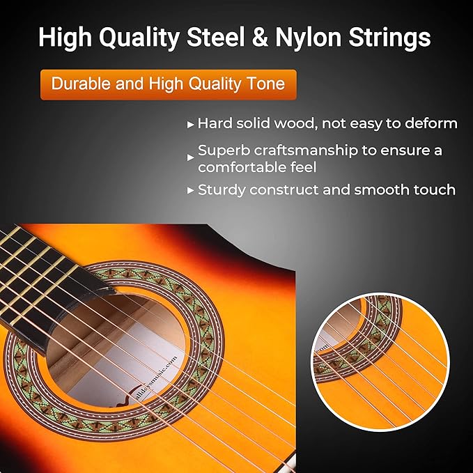 ADM Beginner Acoustic Classical Guitar 30 Inch Nylon Strings Wooden Guitar Bundle Kit for Kid Boy Girl Student Youth Guitarra Online Lessons with Gig Bag, Strap, Tuner, Extra String,Pick,Sunbrust 1-CubbioJoy
