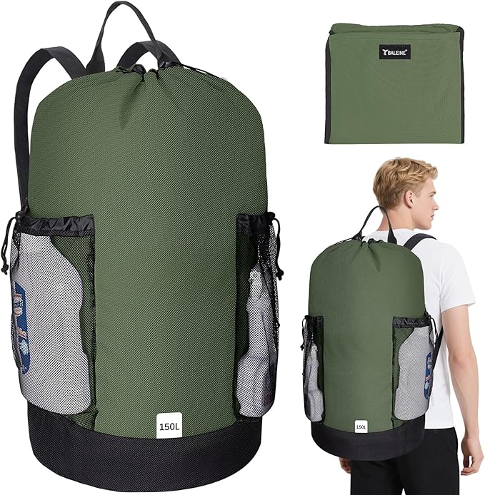 BALEINE 150L Laundry Bag Backpack, 900D Oxford Fabric Large Travel Laundry Bags with Shoulder Straps and 2 Mesh Pockets for College Dorm, Apartment, Laundromat (Green, 150L)-CubbioJoy