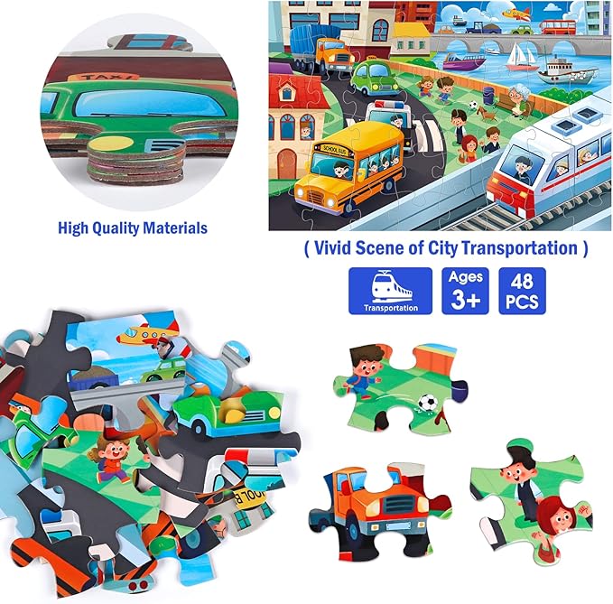 Jumbo Floor Puzzle for Kids,City Transportation Jigsaw Large Puzzles,48 Piece City Life Vehicle Puzzle for Toddler Ages 3-5,Children Learning Preschool Educational Toys,Gift for 4-8 Years Old-CubbioJoy