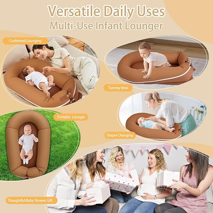 Baby Lounger, Deluxe Infant Lounger, Baby Nest Cover for Baby, Breathable Cotton, Adjustable Baby Floor Seat for Tummy Time, Newborn Essentials for Baby 0-12 Months (Brown)-CubbioJoy