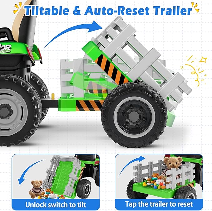 24V Ride On Tractor w/Tiltable & Detachable Trailer, 2x65W Motors, EVA Tires, Remote Control, Bluetooth, Shifter, Music, Electric Car for Kids, Green-CubbioJoy