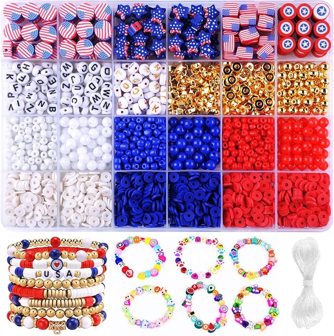 2480pcs President's Independence Day Polymer Clay Beads Charms Friendship Bracelet Necklace Earring Jewelry Making kit, Accessories for Arts Crafts DIY Birthday Gifts for Girls Children American Flag-CubbioJoy
