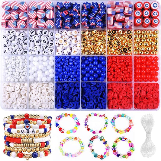 2480pcs President's Independence Day Polymer Clay Beads Charms Friendship Bracelet Necklace Earring Jewelry Making kit, Accessories for Arts Crafts DIY Birthday Gifts for Girls Children American Flag-CubbioJoy