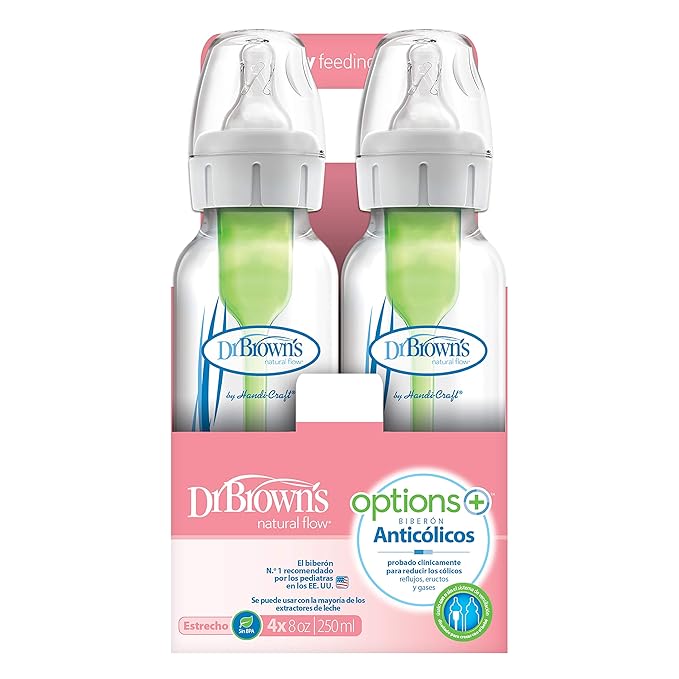 Dr. Brown’s Natural Flow® Anti-Colic Options+™ Narrow Baby Bottles, 8 oz/250ml, with Level 1 Slow Flow Nipple, 4 Pack, Pink/Clear-CubbioJoy