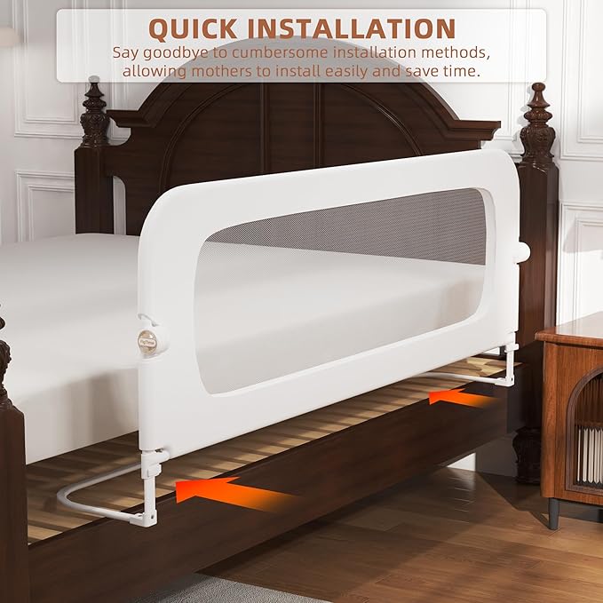 Bed Rail for Toddlers, Baby Bed Rail Guard for Kids, Toddler Bed Rails with Reinforced Anchor Fit, Height Adjustable & Foldable Bed Rail Guard for Twin, Full, Queen & King Beds (White, 59IN)-CubbioJoy