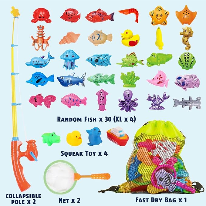 CozyBomB™ Magnetic Fishing Toys Game Set for Kids | Water Table Bathtub Kiddie Pool Party & Pole Rod Net, Plastic Floating Fish Toddler Color Ocean Sea Animals Birthday Age 3 4 5 6 Year-CubbioJoy