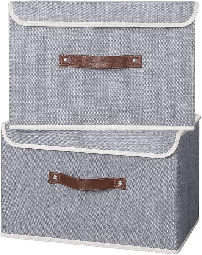 ANMINY 4PCS Storage Bins with Lid PU Leather Handles Storage Boxes PP Plastic Board Decorative Foldable Lidded Cotton Linen Fabric Home Cubes Baskets Closet Organizer Containers - Gray, Large Size-CubbioJoy
