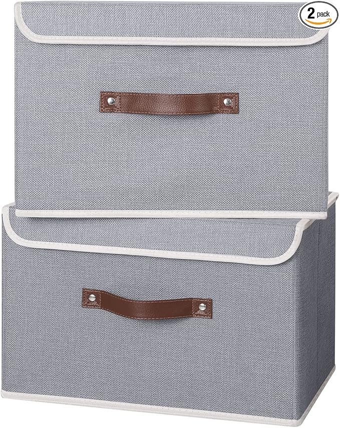 ANMINY 2PCS Storage Bins with Lid PU Leather Handles Storage Boxes PP Plastic Board Decorative Foldable Lidded Cotton Linen Fabric Home Cubes Baskets Closet Organizer Containers - Gray, Large Size-CubbioJoy