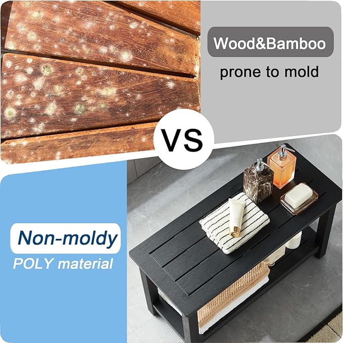 30'' Waterproof Shower Stool, Poly Lumber Shower Bench Seat for Shaving Legs, HDPS Plastic Bath Chair Seat, Non-Slip & No Maintenance, Black, Weight Capacity 700LBS (30 x 13 Inches)-CubbioJoy